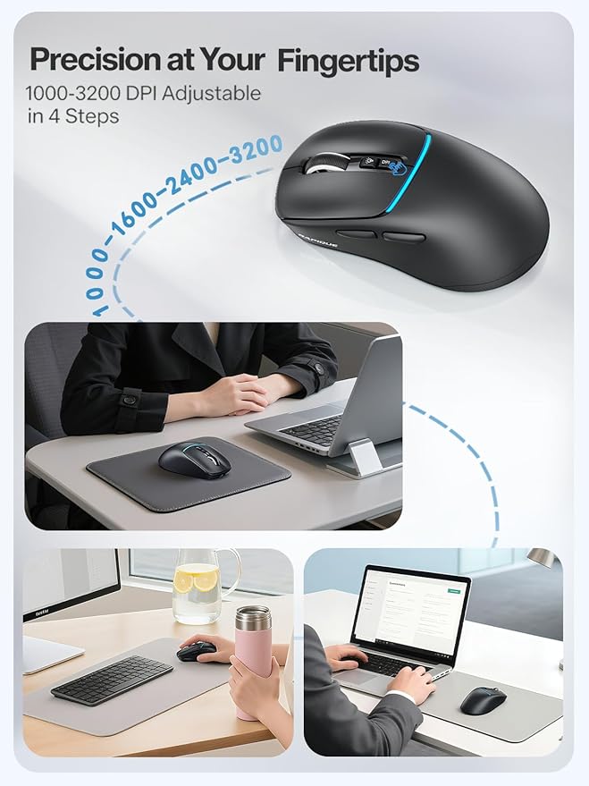 RAPIQUE Bluetooth Wireless Mouse, Dual Bluetooth + 2.4G, Connect Up to 3 Devices, USB-C Rechargeable, Quiet Click, 4 DPI Levels up to 3200, Ergonomic Right-Hand Design for PC, MacBook, Laptop - Black