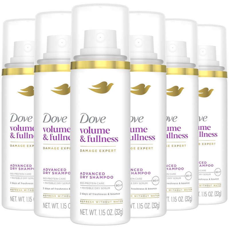 Dove Advanced Dry Shampoo, Travel-Size, Volume & Fullness, 6-Pack, Travel Essentials, 1.15 Oz Ea