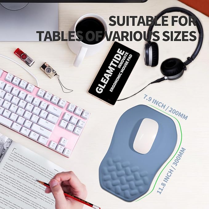 Gleamtide Ergonomic Raised Mouse Pad Wrist Support with Bilateral Slope Memory Foam Mousepad for Wrist Rest and Carpal Tunnel Pain Relief 11.8x7.9〃 Stone Blue