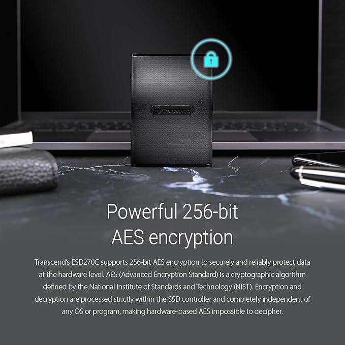 Transcend ESD270 250GB External SSD for iPhone16/15/iPad/Mac/Windows/Android, PC/Laptop/Tablet/TV/Game Console, Portable SSD with One Touch Back up, One-Time Password Unlock, Type A &Type C Cables