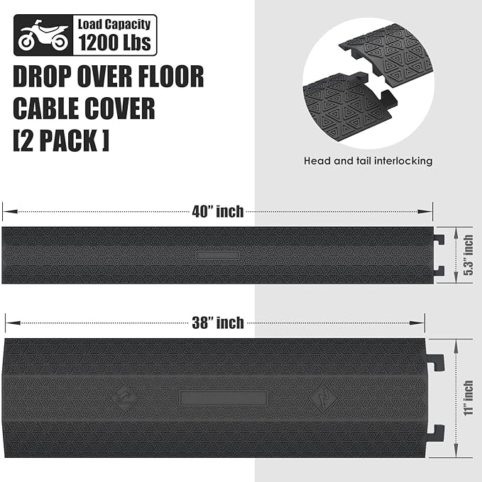 OranLite Double 40" inch Rubber Drop Over Cable Cover, 2 Pack Prevent Tripping Floor Cord Protector, Interlocking Cable Cover, Drop Track Cable Ramp, for Home, Office, Store, Warehouse (Wide - 2Pack)