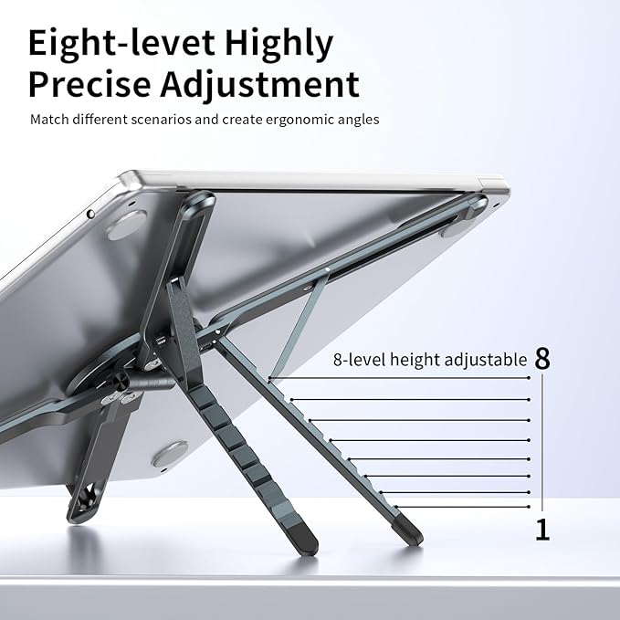makecatch Portable Laptop Stand for Desk, 3-in-1 Adjustable Holder for MacBook, 8-Level Height & Angle, Aluminum Alloy Desktop Stand, Compatible with 4-13” iPhone, 10-16” Laptops & Tablets(Gray)