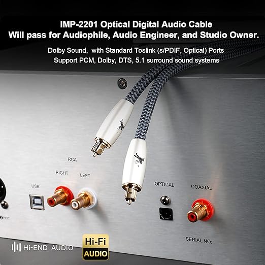 Impeto Premium Fiber Optic Audio Cable 6.5ft (2m) | Toslink S/PDIF | 24K Gold-Plated | Glass Core | for Soundbars, TVs, PS5, Xbox