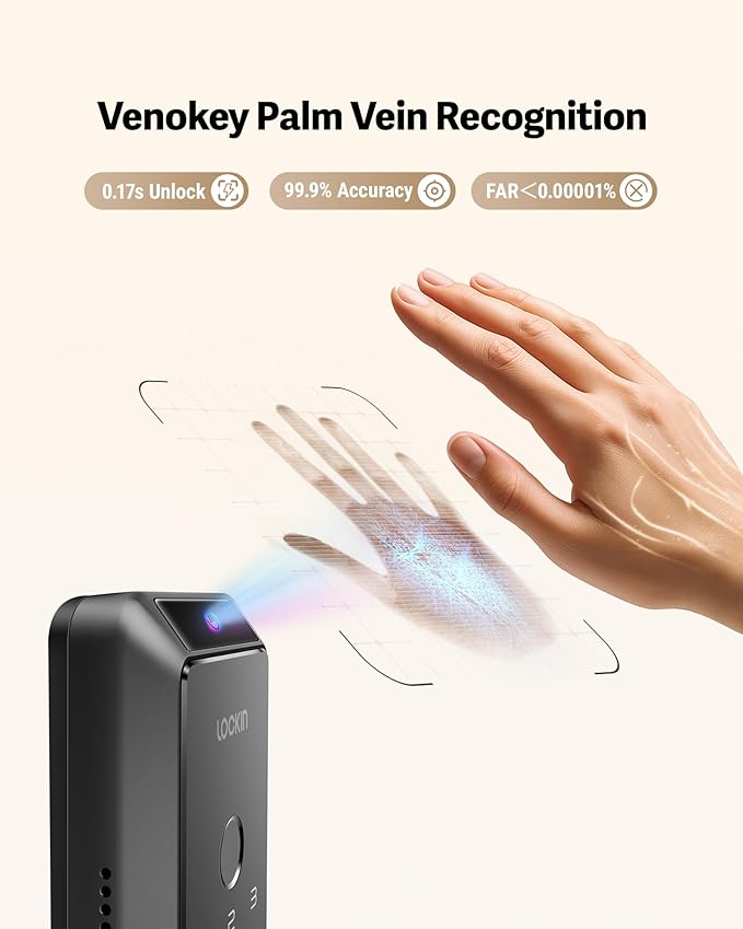 Lockin Venoris Smart Lock - Palm Vein & Fingerprint Keyless Entry Door Lock - 6 Unlock Methods - Built-in WiFi - Smart Home Compatible - No Monthly Subscription - 7-Month Battery Life