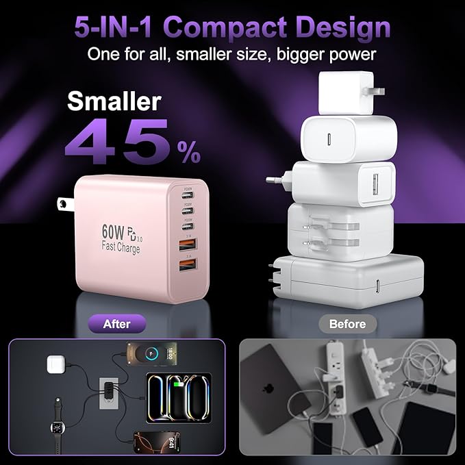 USB C Fast Wall Charger Block, 2Pack 60W USBC Charging Cubes, 5-Port PD+QC Power Adapter Multiport Brick Type C Box Plug for Phone 16/15/14/13/12/11/Pro Max/Plus, Pad Mini/Pro/S25/S24-Pink