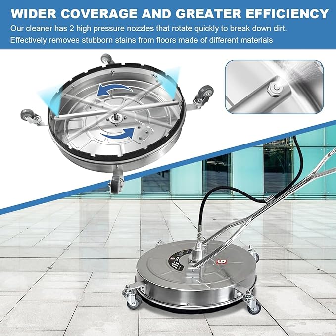 30" Pressure Washer Surface Cleaner with 4 Wheels & Dual Handles, 5200 PSI 12 GPM Stainless Steel Surface Cleaner Attachment with 2 Nozzles for Driveways, Sidewalks, Decks & Patios, Commercial Grade