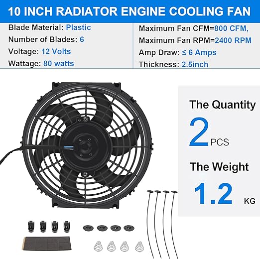 FSBCGT 2PCS 10 Inch Universal High Performance Slim Fan Push Pull Electric Radiator Cooling Fan 12V 80W Mount Kit Black