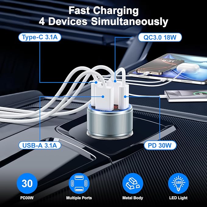 Car Phone Charger for iPhone 17 16 15, Besgoods USB C Car Charger Adapter 4 Ports with Voltmeter PD&QC Fast Charging Cigarette Lighter for Galaxy S25 S24 S23 A16 Dash Cam, with 6ft USB C to C Cable