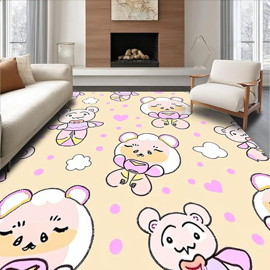 Flatwoven High Traffic Area Rug 6x6, Sweet Bear Balloon Interlocking Dot and Cloud Motif, Non Slip, Stain Resistant, Washable Area Rugs for Living Room, Bedroom (Beige, 6x6)