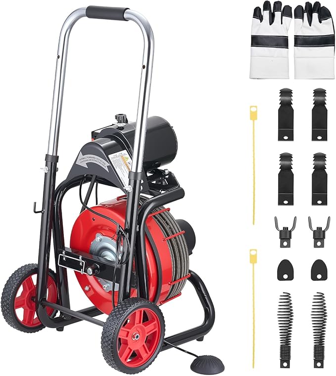 VEVOR Drain Cleaner Machine 100 FT x 3/8 Inch, Auto Feed Sewer Snake Auger on Wheels - with 8 Cutters & Air-Activated Foot Switch for 2" to 4" Pipes