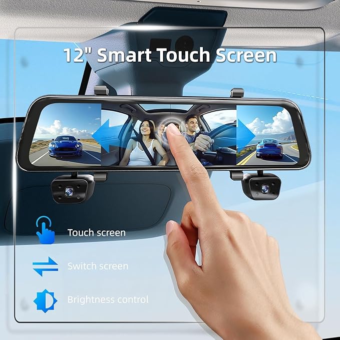 2026 Rearview Mirror Camera,4 Channel Mirror Dash Cam Front and Rear,Rear View Mirror Backup Camera for Cars & Trucks,12" Touch Screen,Built-in 5.8GHz WiFi,GPS,IR Night Vision,Free 128GB SD Card