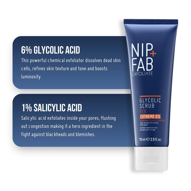 Nip + Fab Glycolic Fix Scrub Extreme (2.5 fl oz) – 6% Glycolic Acid 3-in-1 Facial Exfoliator & Pore Refiner – Deep Cleansing AHA BHA Face Scrub for Brightening & Smoothing