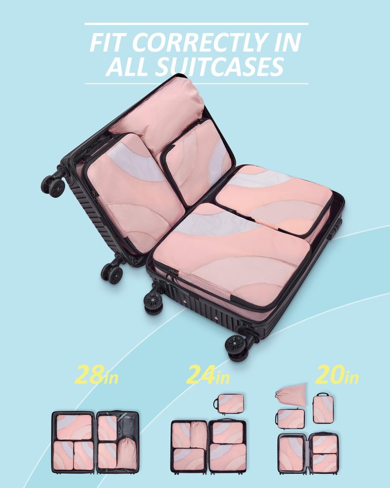 BAGSMART Compression Packing Cubes for Travel, 6 Set Travel Packing Cubes for Suitcases, Compression Suitcase Organizers Bag Set, Lightweight Packing Organizers Baby Pink