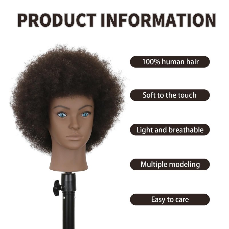 Sirydtm Afro Kinky Curly Mannequin Head - 100% Human Hair for Braiding, Styling & Cutting - Salon Training Head with Stand for Coloring, Bleaching & Updos