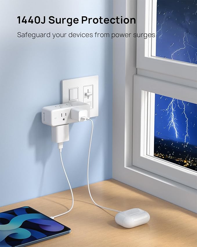 TROND Outlet Extender Surge Protector - 6 AC Outlet Splitter with 360 Rotating Plug, Multi Sockets Wall Expander with Power Switch, 1440J, 3 Way Plug Adapter for Home Bathroom Kitchen Office Dorm