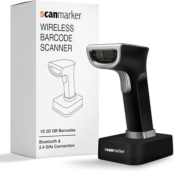 Scanmarker 1D/2D Barcode Scanner Wireless – Boost Speed & Accuracy with Bluetooth Barcode Scanner & 2.4G Modes – Handheld QR & Wireless Barcode Scanner with Charging Stand for Laptop, iOS & Android