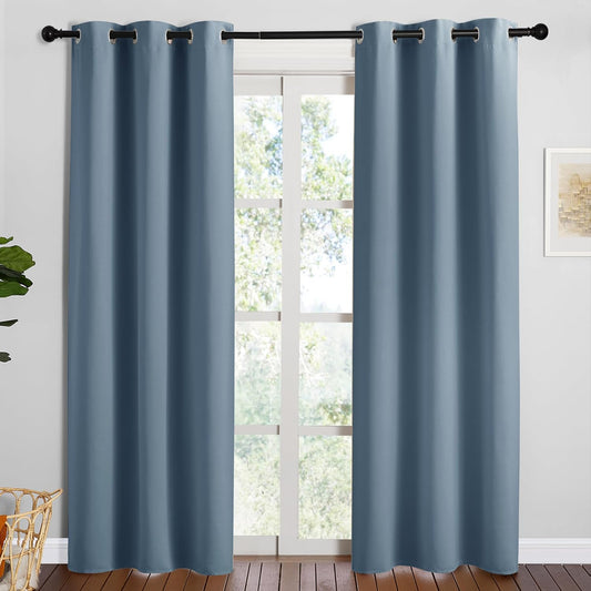 NICETOWN Smoky Blue Blackout Curtains - Thermal Insulated 84-Inch Long Drapes, 2 Panels, 34" Wide