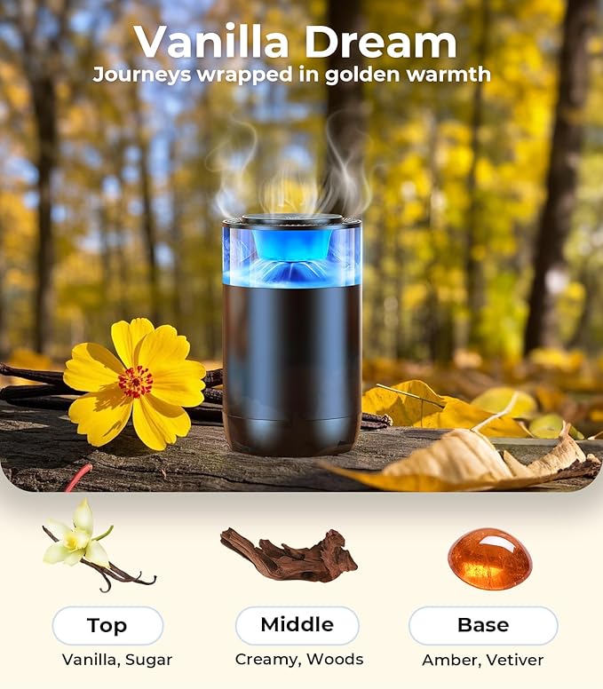 Hitolza Smart Car Air Fresheners, Ambient Light & Mist Fragrance, Auto On/Off Car Air Freshener Diffuser, Adjustable Intensity, Lasts 6 Months, Built-in Battery, Premium Scents Refill X2 - Vanilla