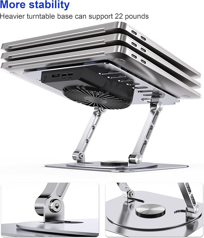 YTech Laptop Stand,with 360°Rotating Base,External Cooling Fan,Adjustable RGB Lighting,Ergonomic Foldable Notebook Computer Holder.Compatible with All 10-17" Laptops Tablets,Silver
