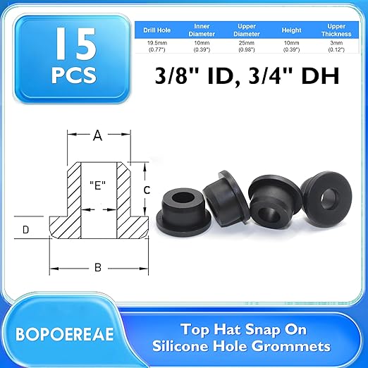 BOPOREAE 15 Pcs 3/4" Drill Hole, 3/8" ID Silicone Rubber Grommets for Wiring, Automotive Firewall Hole Plug, Top Hat Metal Wall Drywall Grommets for Vinyl Tubing in Hydroponic Irrigation Systems