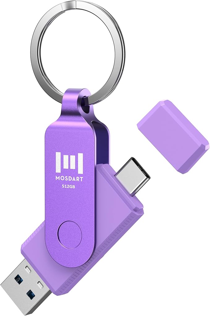 MOSDART 512GB USB C 3.2 Fast Speed C and A Dual Flash Drive, exFAT Memory Stick with Keychain and LED Indicator, for iPhone 15,16,17, Android Phone, iPad, MacBook, and Other Laptops, Purple