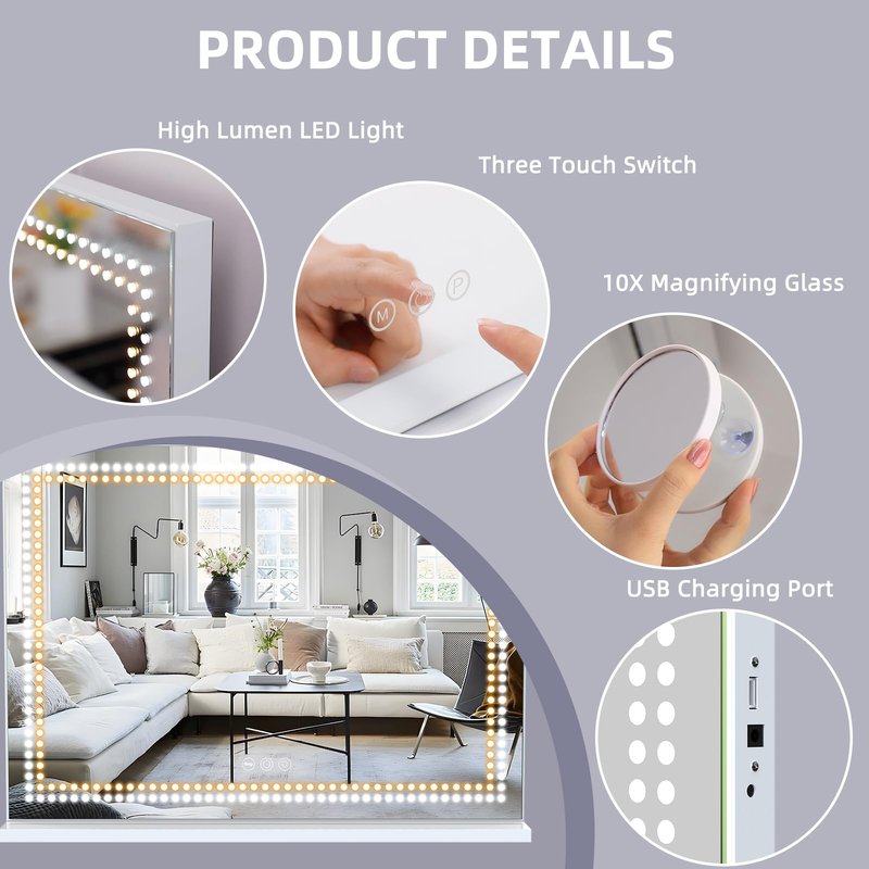 Vanity Mirror with Lights Tempered Glass 22.8" x 18.1" Lighted Makeup Mirror with Light Strip Crushed Crystal 3 Colors Modes Dimmable Lights USB Port and 10X Magnification, White (9.84" x11.81")