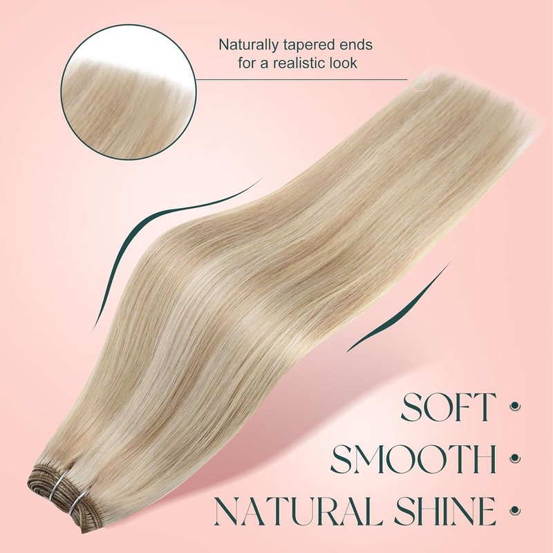 Human Hair Weft Extensions - Seamless Ash Blonde Highlights | 14 Inch, 70G Smooth Texture
