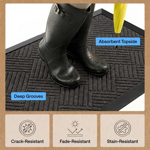 GORILLA GRIP Waterproof All-Season WeatherMAX Doormat - Natural Rubber, Stain Resistant, 29x17 Gray Diamond