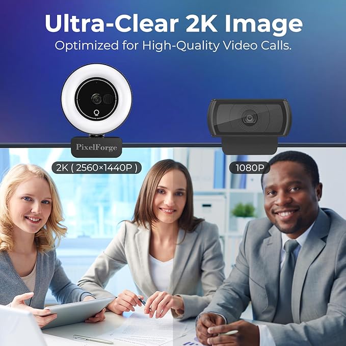 PixelForge 2K Webcam for PC with Microphone & Light & Privacy Cover, Web Camera for Desktop Computer/Laptop/Monitor/Mac, USB Streaming Camera for Zoom/Skype/Teams/Video Calling/Studying and Conference