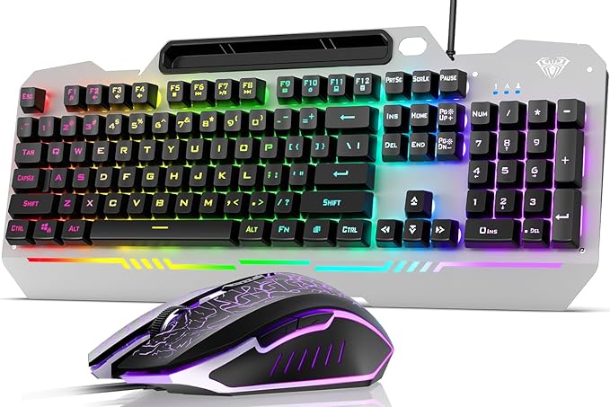 AULA Gaming Keyboard and Mouse, 104 Keys RGB Backlit Computer Keyboards Mouse and Keyboard Combo with Number Pad, All-Metal Panel Wired PC Keyboard for Laptop Win XP/7/8/10, T102 New Update Version