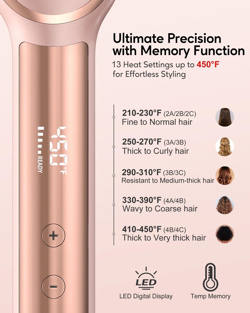 Terviiix Hair Straightener Brush Rose Gold - Ionic Anti-Frizz Hair Straightening Comb with MCH Heater, 13 Heat Settings, Fast Heating 20S, Dual Voltage, for Smooth & Shiny Hair