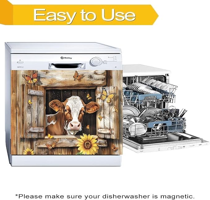 Farm Animals Cow Kitchen Magnet Dishwasher Skin Cover Panel, Country Sunflower Refrigerator Door Cover Sheet Magnetic, Butterfly Magnetic Dishwasher Sticker for Front, 23" W x 17" H Magnetic