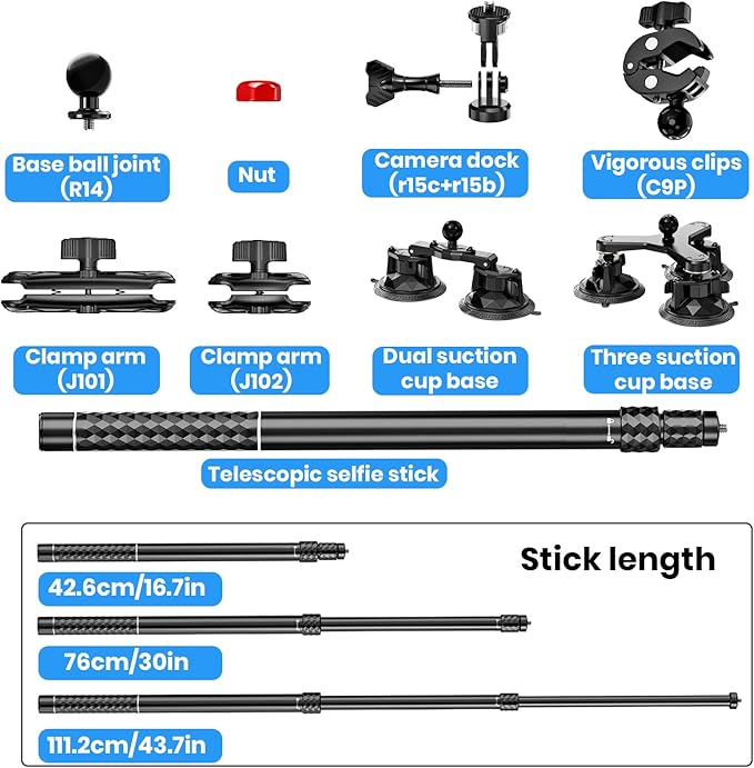 Thlevel Suction Car Mount for GoPro/Insta360/DJI | Aluminum Alloy Extendable Selfie Stick with Multi-Joint Flexible Arm | Upsized Strong Suction Mount Kit Includes Tripod Adapter