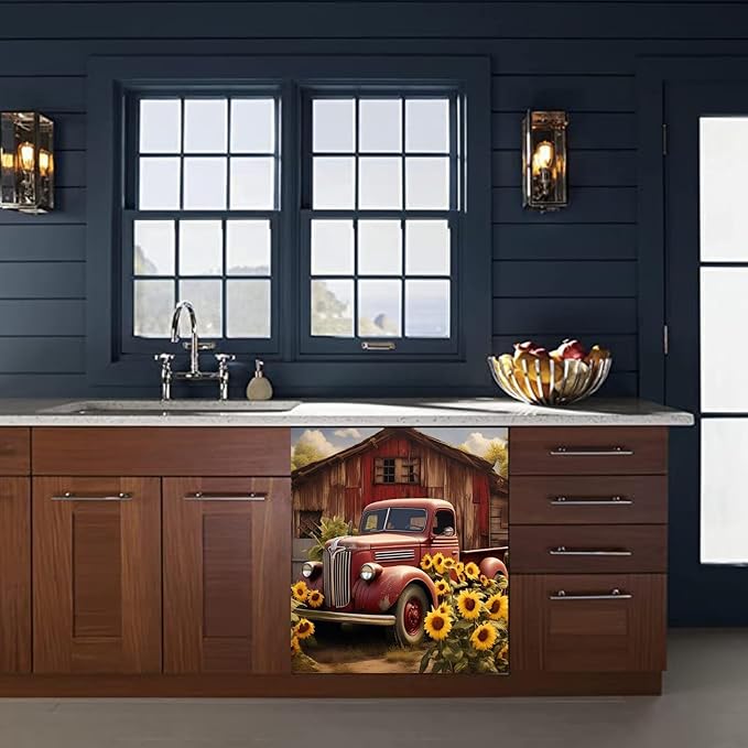 Farm Red Truck Dishwasher Magnet Cover Country Refrigerator Sticker for Kitchen Decor, Farmhouse Sunflower Magnetic Dishwasher Cover Panel, Reusable and Removable (23" W x 26" H Magnetic)