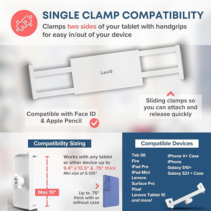 LEVO Adjustable Height Floor Stand for Tablet & Phone - White Without Casters - Gooseneck Holder Mount with Stable Base - Compatible with All Cell Phones & Tablets (4-13 inch)