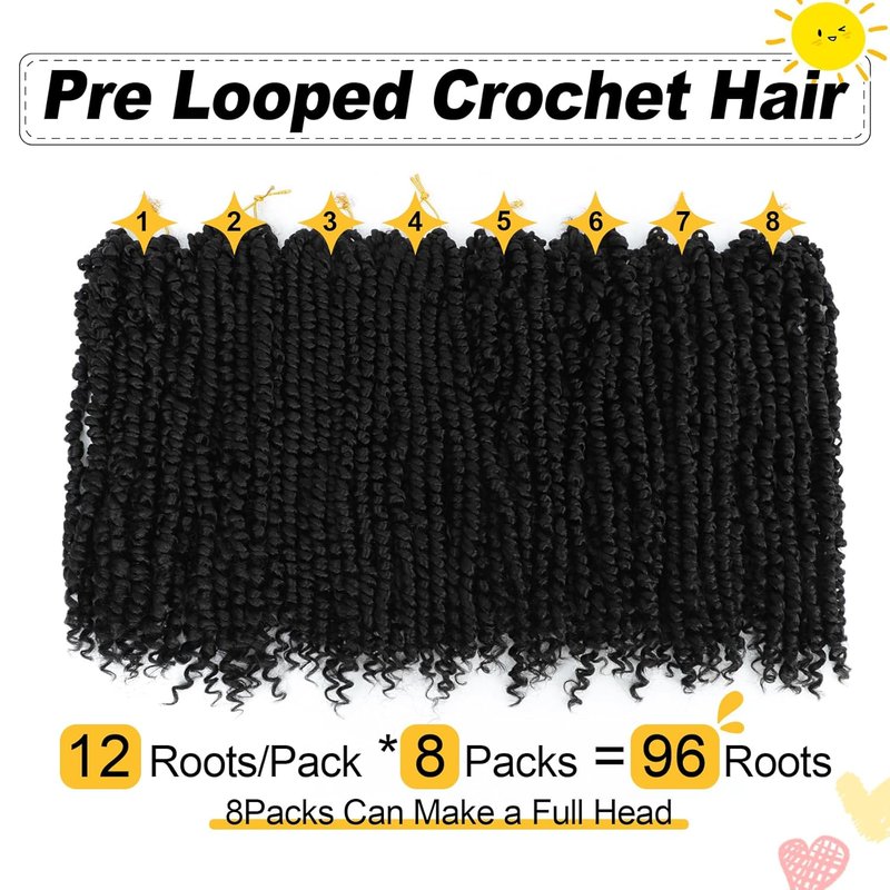 Passion Twist Crochet Hair - 14 Inch Pre-Twisted Curly Hair for Black Women | 8 Packs, Color 1B#