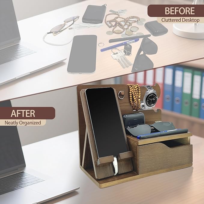 UUyuality 3-in-1 Wood Phone Docking Station Organizer with Drawer & Hidden Charging Hole for Phone, Keys, Glasses & Accessories, for Men (WALNUT, 01)