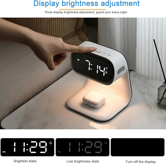 YIDPU Digital Alarm Clock with Wireless Fast Charging Station 15W Touch Smart Lamp for Bedside,3 Colors Nightlight Adjustment Night Lamp for Living Room,Bedside,Heavy Sleepers (White+No Adapter)