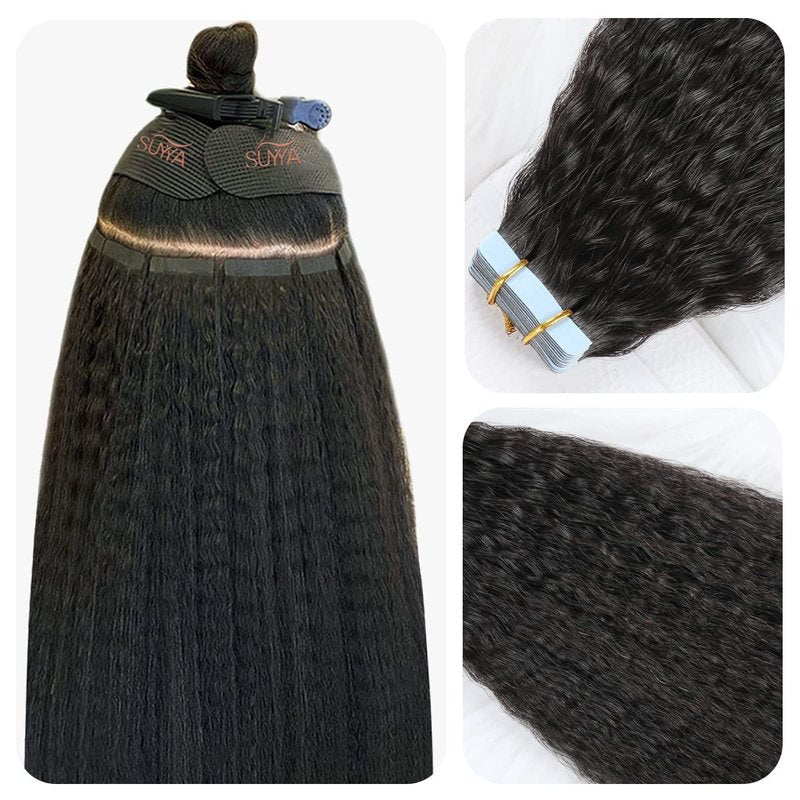 SUYYA Tape in Hair Extensions Human Hair Kinky Straight Tape in Extensions Natural Black 14 Inch Skin Weft 40g/Pack 20PCS Tape INS for Women (#1B Natural Black)