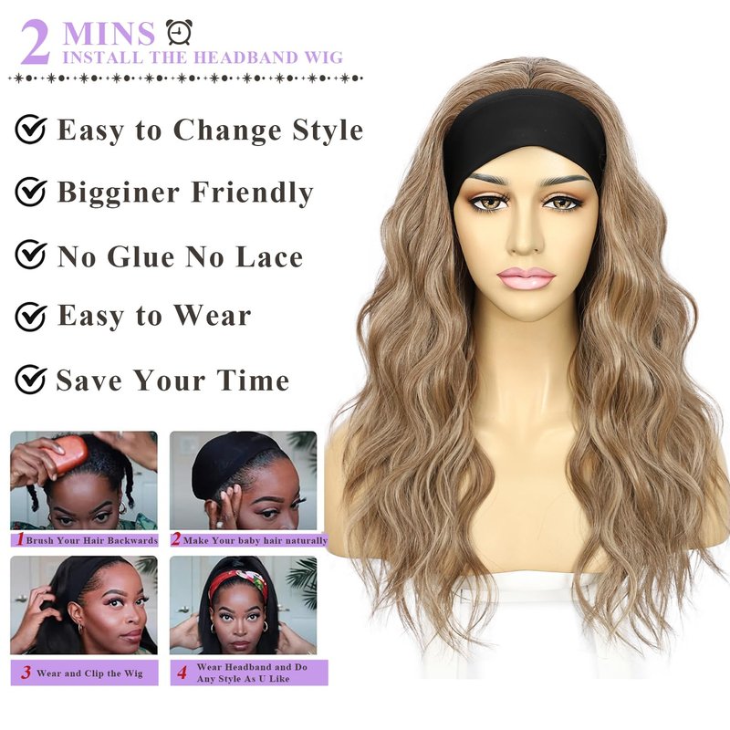 SAPPHIREWIGS Brown Headband Wigs for Women Body Wavy Headband Wigs Highlight Natural Brown Hair Put On and Go Glueless Half Wig for Women Daily Party Use 20 Inch