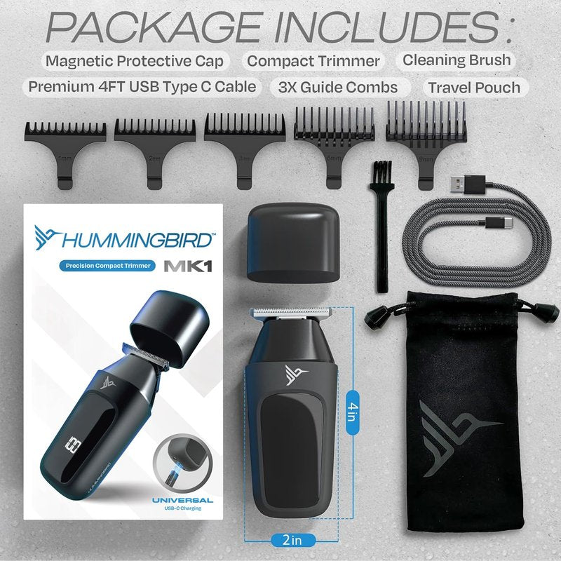 HUMMINGBIRD MK1 Compact Trimmer – Portable Electric Beard & Body Hair Trimmer for Men, Cordless USB-C Rechargeable, Face & Body Groomer, Travel Shaver, Travel Pouch, Great Gifts for Men, Dad, Husband