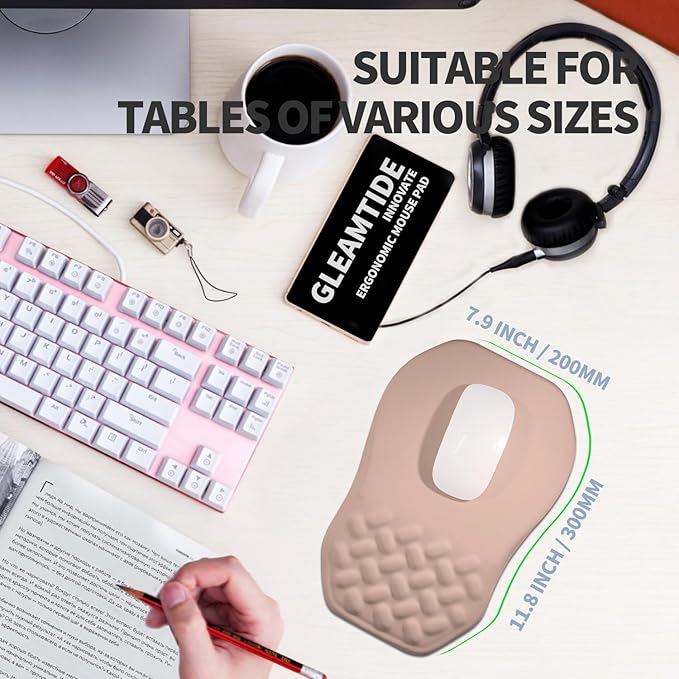 Gleamtide Ergonomic Raised Mouse Pad Wrist Support with Bilateral Slope Memory Foam Mousepad for Wrist Rest and Carpal Tunnel Pain Relief 11.8x7.9〃 Apricot Pink
