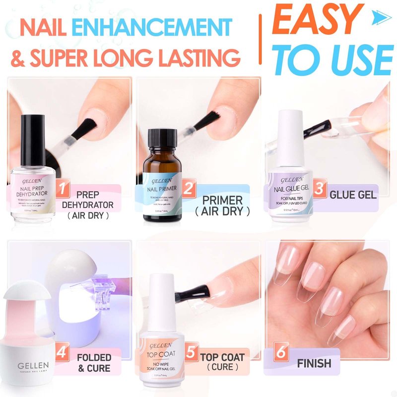 Gellen Gel Nail Kit Coffin 240pcs Nail Tips Extension Set with Everything, Etch X Nail Tips DIY Kit Long Coffin Gel Nail Glue U V Light for Women