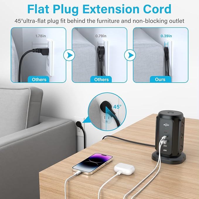 AiJoy Flat Plug Power Strip Tower with 9 AC Outlets and 5 USB Ports