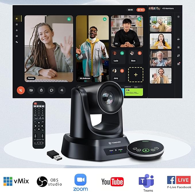 TONGVEO Wireless AI PTZ 20X Camera System with Auto Tracking Built-in Receiver & Bluetooth Speakerphone, 5.8GHz 1080P 60fps Conference Camera for Church Zoom, OBS Meetings