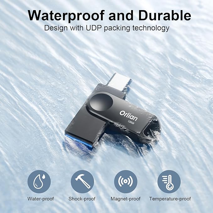 Orlian 128GB USB C Flash Drive Dual USB 3.0 Thumb Drive Type-C & USB-A 110MB/S Metal UDP Waterproof Swivel Design Memory Stick for Phone Android Tablet iPhone 15/16/17 Computer PC and More Black