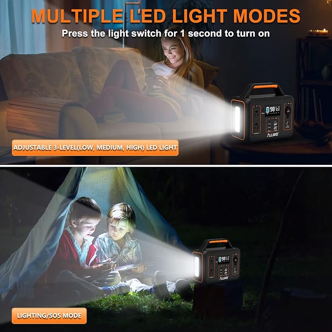 ALLWEI Portable Power Station 300W, 256Wh Solar Generator with 110V Pure Sine Wave AC Outlet,6 Output Ports,Backup LiFePO4 Battery Generator for Camping Outdoor Emergency Home (Solar Panel Optional)