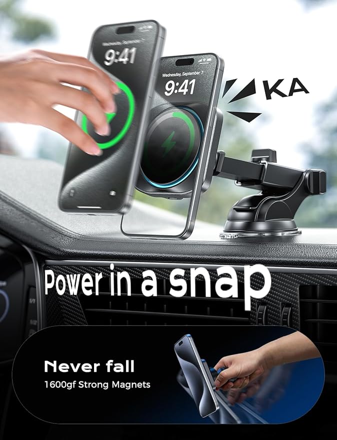 CHGeek for 15W Magsafe Car Mount Charger, Wireless Car Charger Magnetic Car Phone Holder Mount Fit for iPhone 16 15 14 13 12 Magsafe Case, Vent/Windshield/Dash Phone Mount Holder Fast Cooling Charger