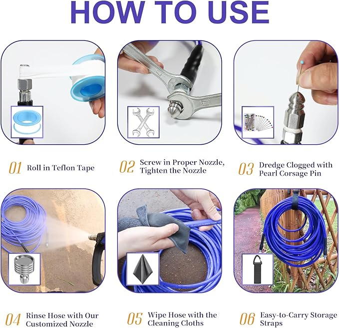 100FT Sewer Jetter Kit for Pressure Washer 1/4"NPT Drain Cleaner Hose 5800PSI Corner Rotating and Button Hose Sewer Jetting Nozzle Pearl Corsage Pin Tape Handle Strap Spanner