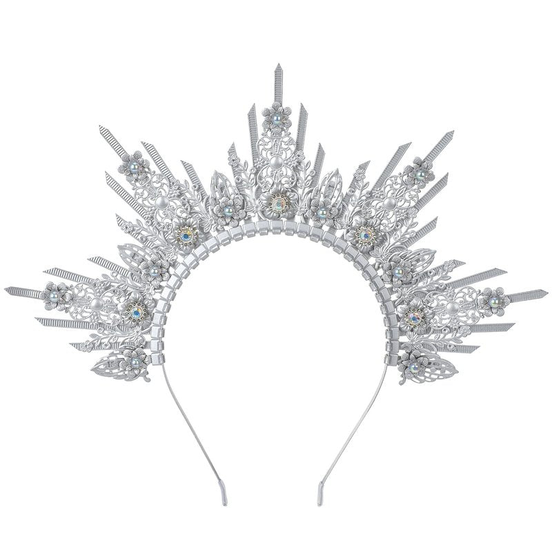 COSUCOS Silver Halo Crown Headpiece - Sunburst Spiked Sun Goddess Headband Statue of Liberty Crown, Virgin Mary Goddess Headwear for Women Renaissance Costume Halloween Pageant Cosplay Accessorice